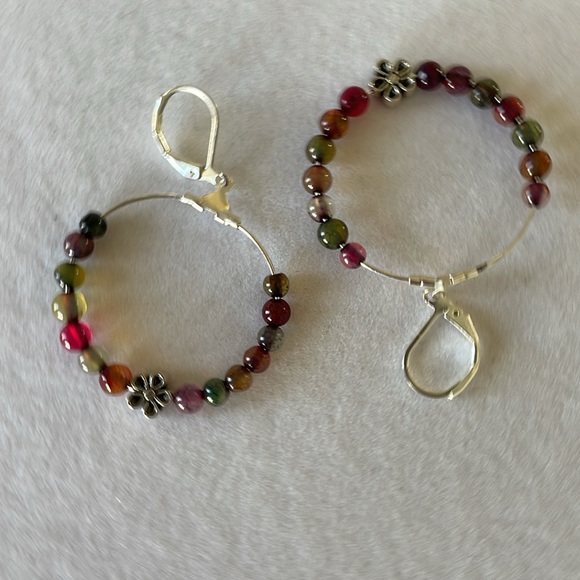 HAND CRAFTED HOOP EARRINGS PIERCED MULTICOLOR AGATE - Picture 10 of 13